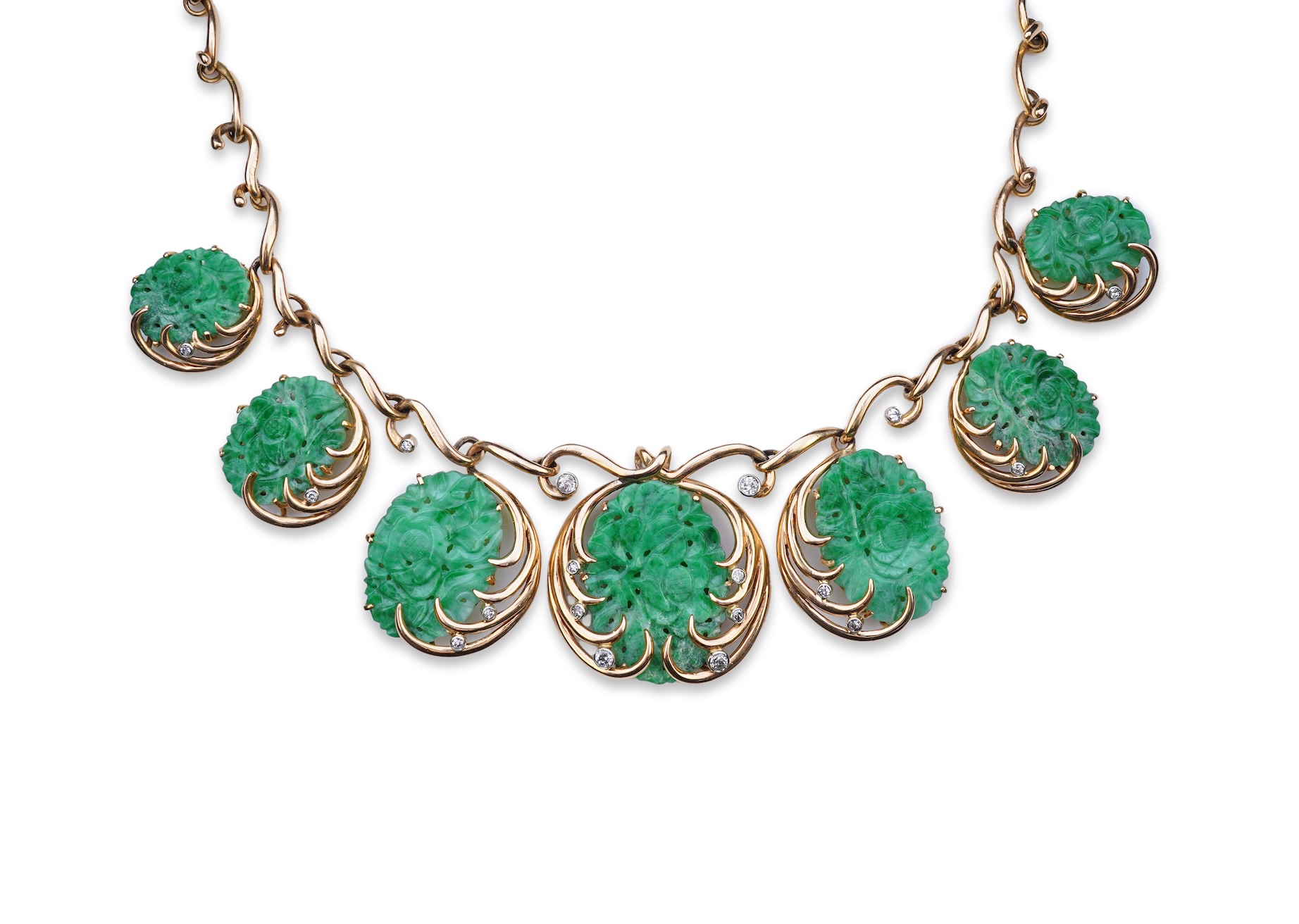 A jadeite and diamond necklace, mid 20th century